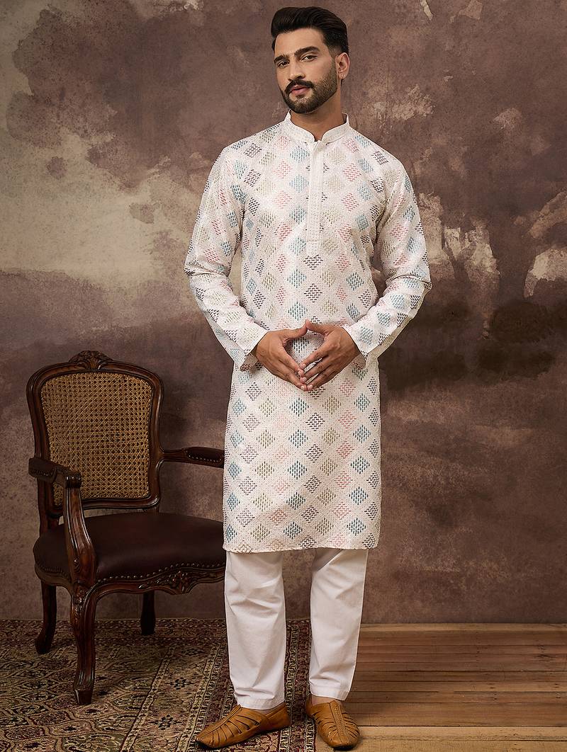Men white silk blend solid embroidered straight kurta