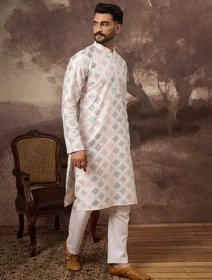 Men white silk blend solid embroidered straight kurta 3