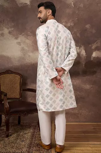 Men white silk blend solid embroidered straight kurta