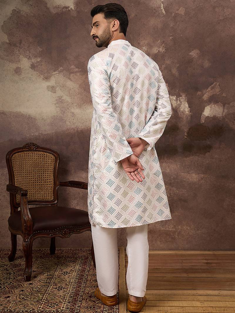 Men white silk blend solid embroidered straight kurta