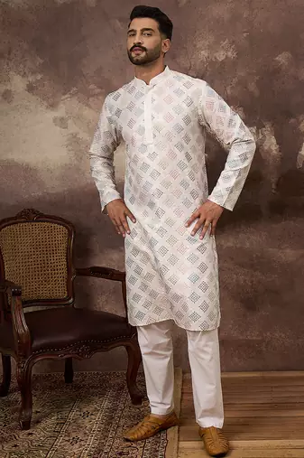 Men white silk blend solid embroidered straight kurta