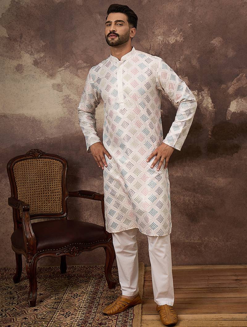 Men white silk blend solid embroidered straight kurta