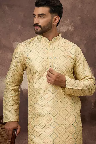 Men yellow silk blend solid embroidered straight kurta