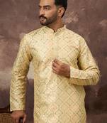 Men yellow silk blend solid embroidered straight kurta