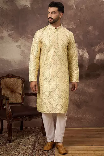 Men yellow silk blend solid embroidered straight kurta