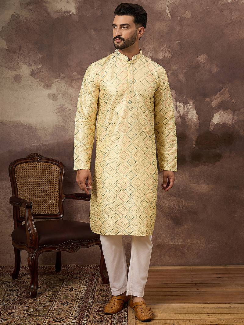 Men yellow silk blend solid embroidered straight kurta