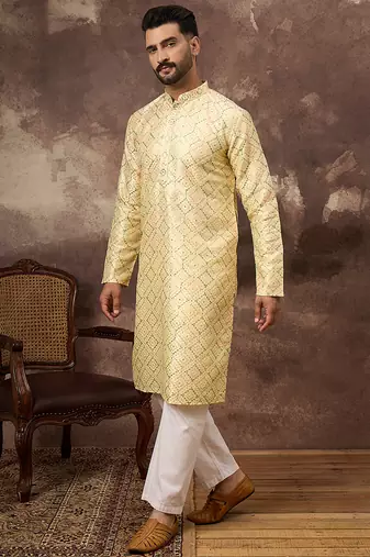 Men yellow silk blend solid embroidered straight kurta