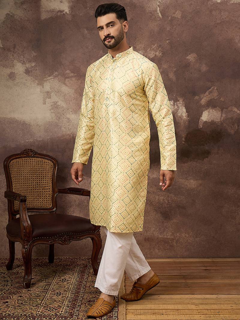 Men yellow silk blend solid embroidered straight kurta
