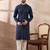 Men navy blue silk blend embroidered mandarin collar straight kurta