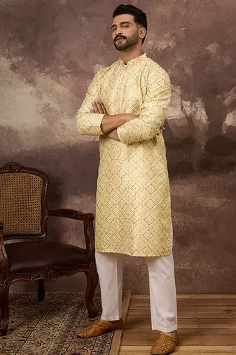 Men yellow silk blend solid embroidered straight kurta