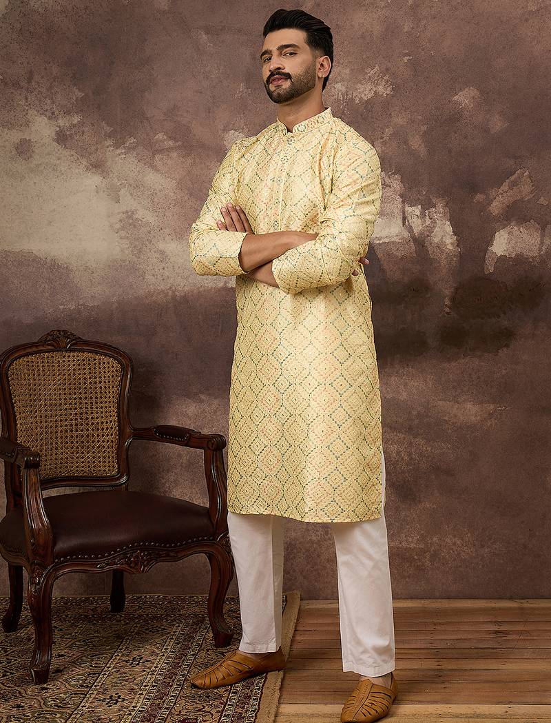 Men yellow silk blend solid embroidered straight kurta