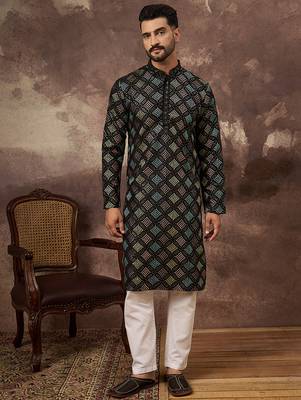 Men black silk blend solid embroidered straight kurta 2