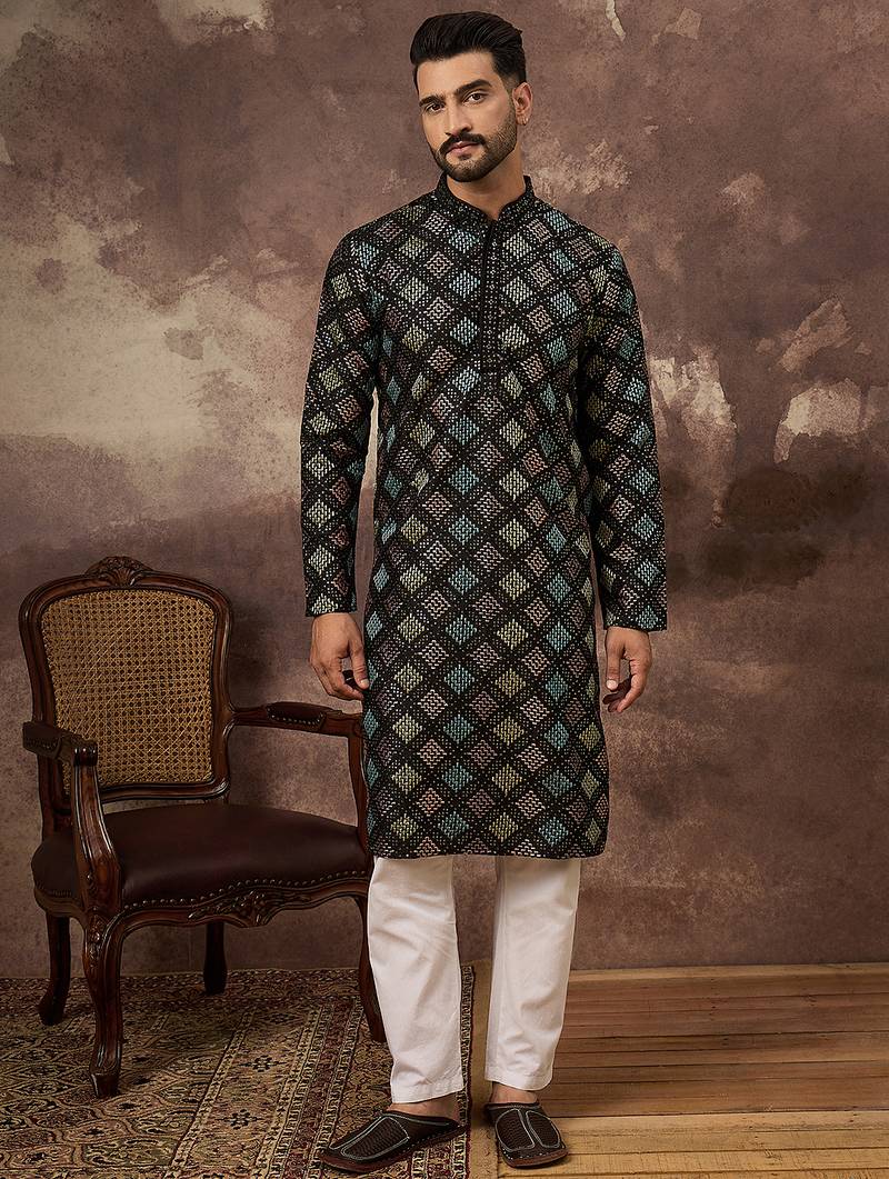Men black silk blend solid embroidered straight kurta
