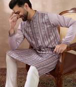 Men lavender silk blend embroidered mandarin collar straight kurta
