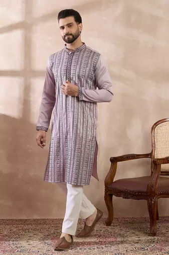 Men lavender silk blend embroidered mandarin collar straight kurta