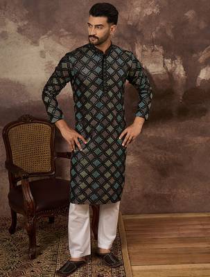 Men black silk blend solid embroidered straight kurta 5
