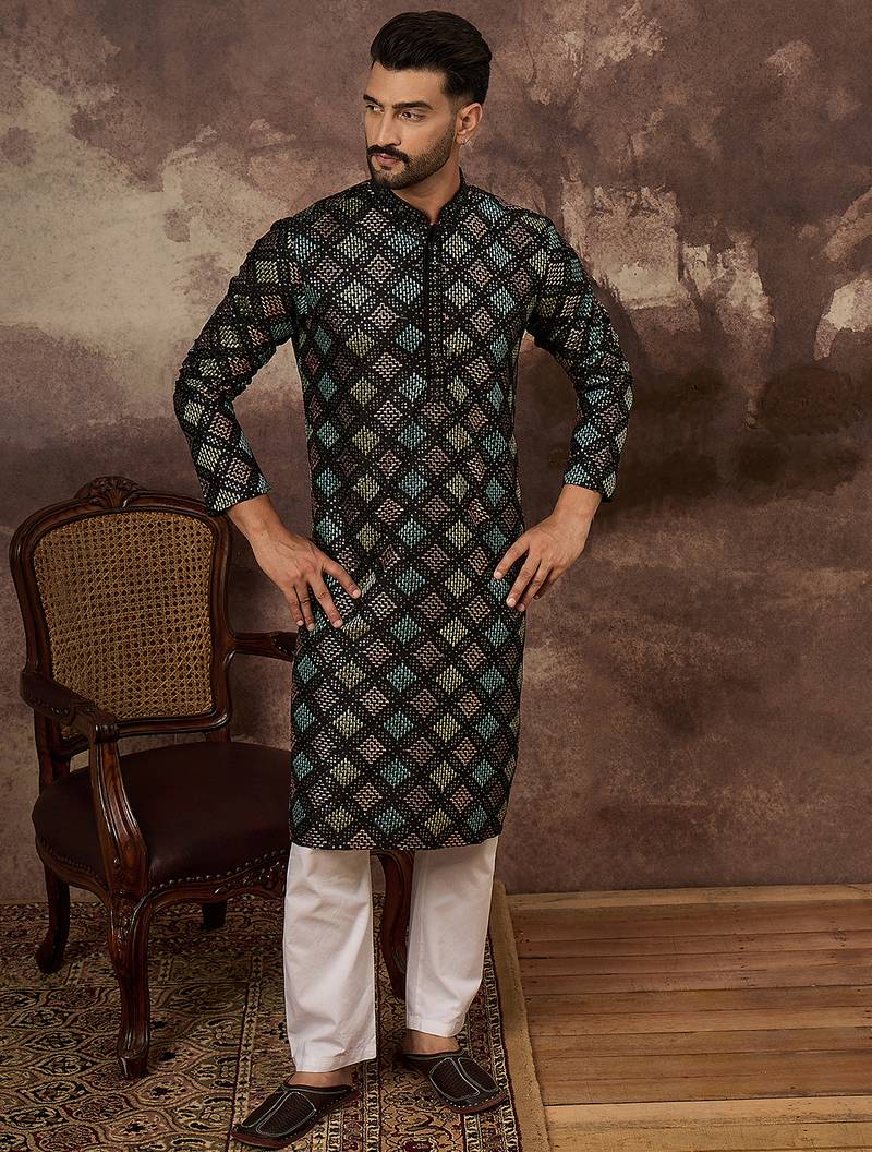 Men black silk blend solid embroidered straight kurta