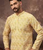 Men yellow viscose rayon solid embroidered straight kurta