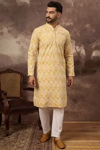 Men yellow viscose rayon solid embroidered straight kurta