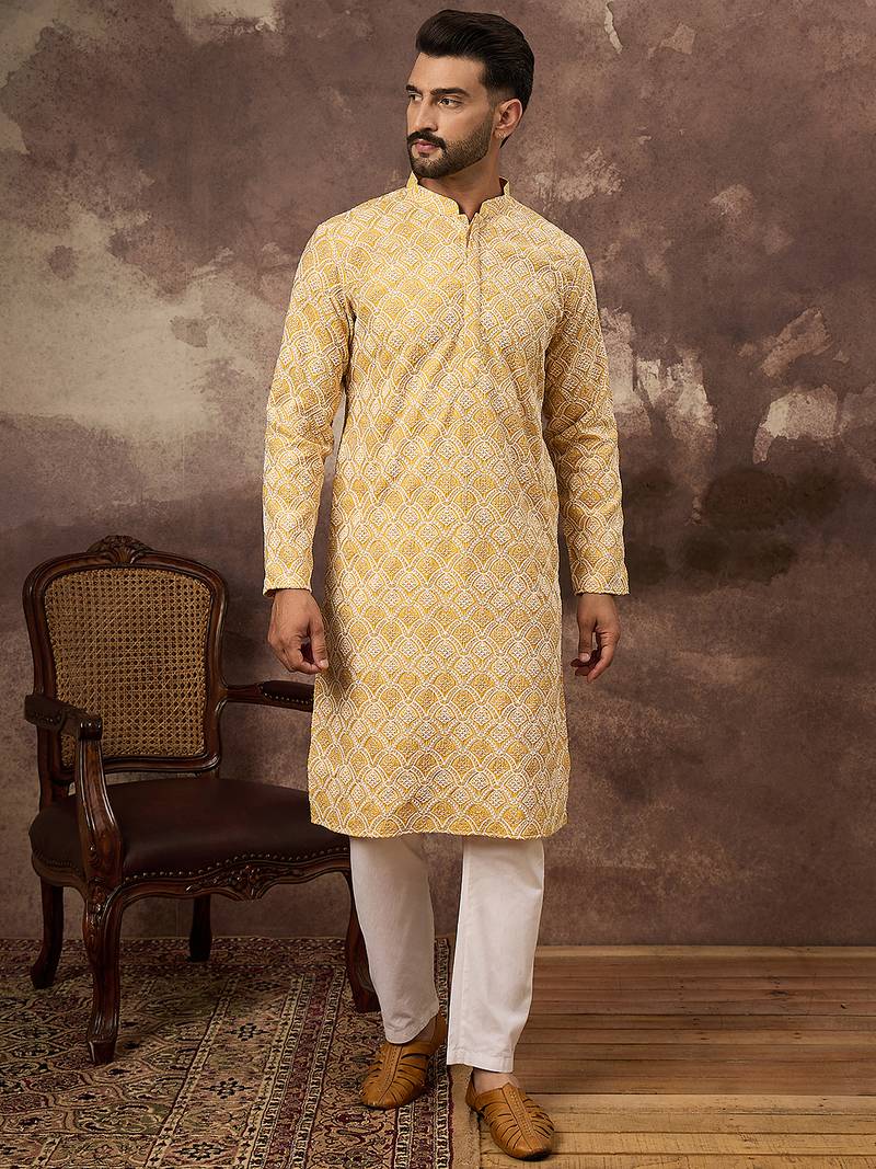 Men yellow viscose rayon solid embroidered straight kurta