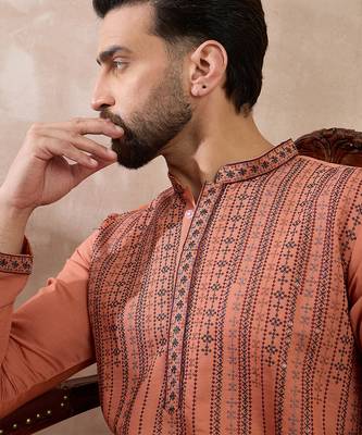 Men orange silk blend embroidered mandarin collar straight kurta 1