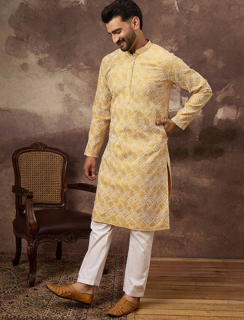 Men yellow viscose rayon solid embroidered straight kurta