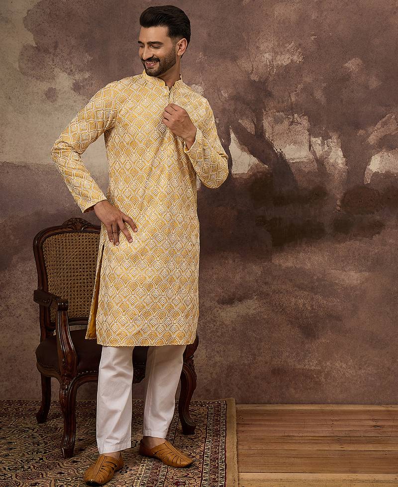 Men yellow viscose rayon solid embroidered straight kurta