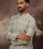 Men green viscose rayon solid embroidered straight kurta