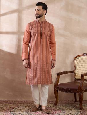 Men orange silk blend embroidered mandarin collar straight kurta 5