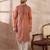 Men orange silk blend embroidered mandarin collar straight kurta
