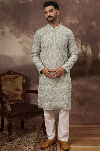 Men green viscose rayon solid embroidered straight kurta