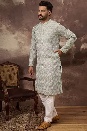 Men green viscose rayon solid embroidered straight kurta