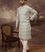 Men green viscose rayon solid embroidered straight kurta
