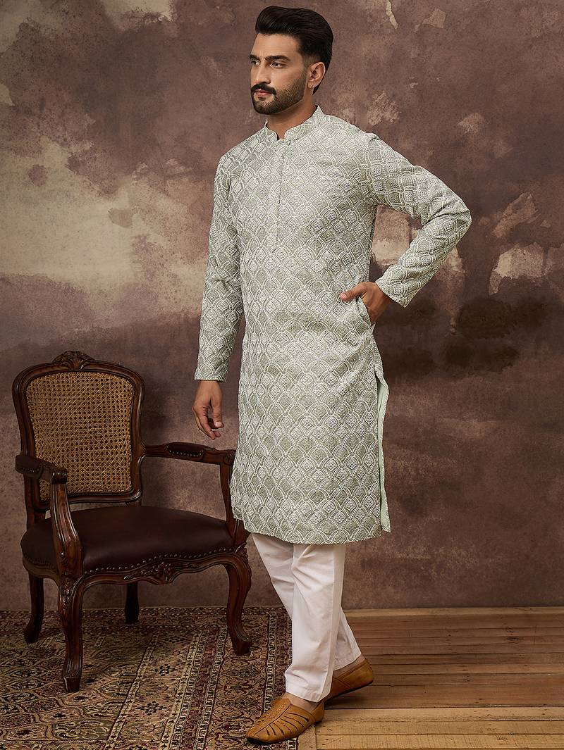 Men green viscose rayon solid embroidered straight kurta