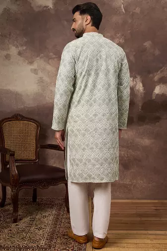 Men green viscose rayon solid embroidered straight kurta