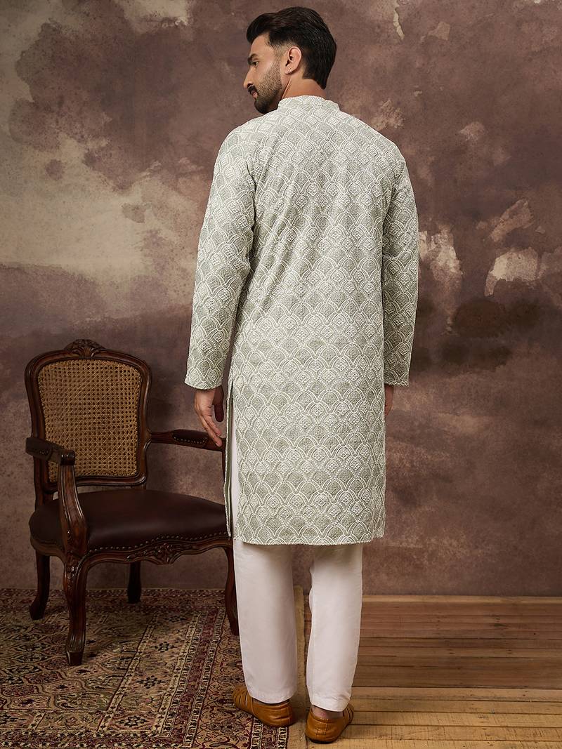 Men green viscose rayon solid embroidered straight kurta