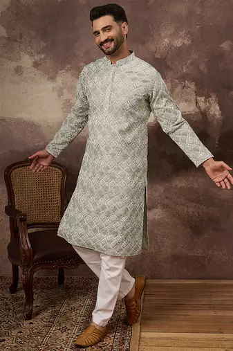 Men green viscose rayon solid embroidered straight kurta