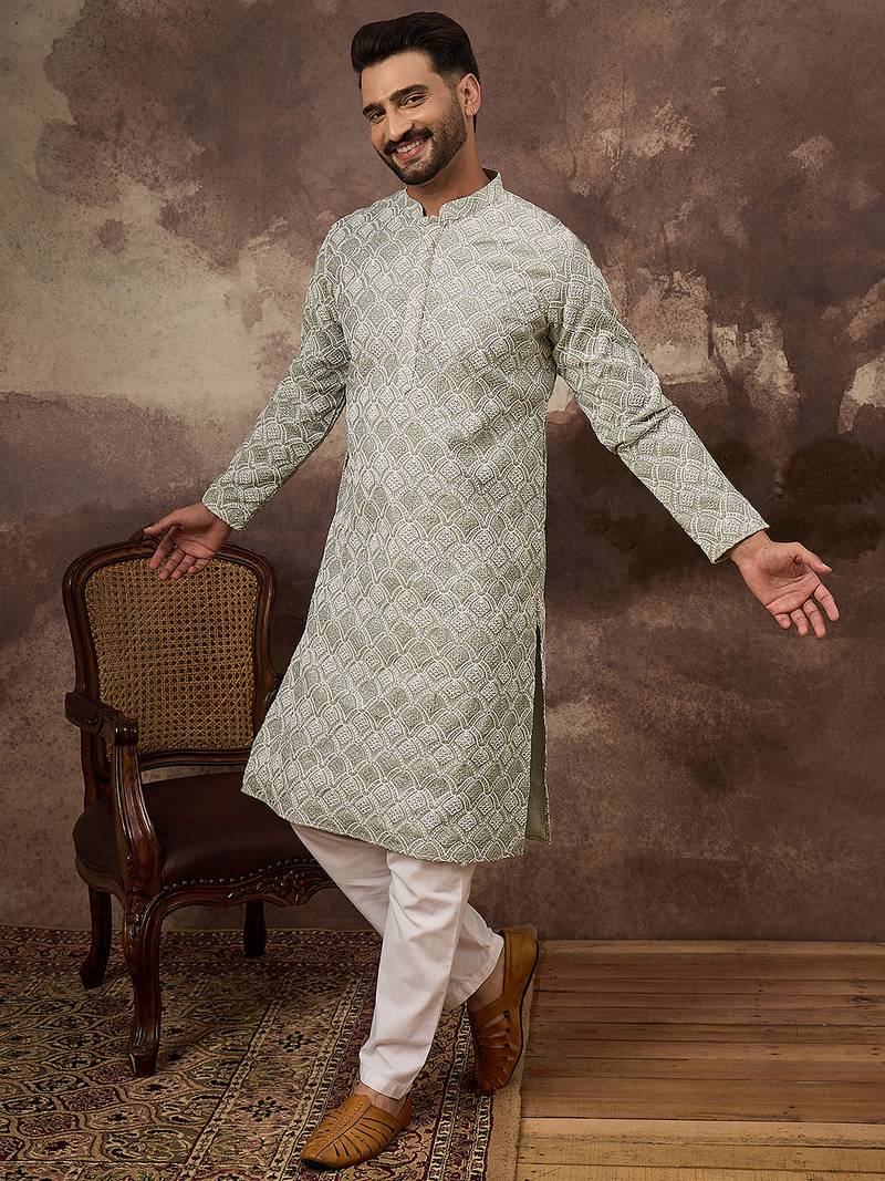 Men green viscose rayon solid embroidered straight kurta