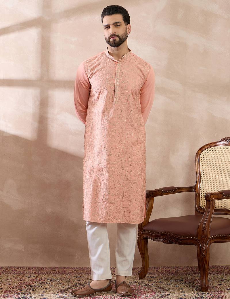 Men peach silk blend embroidered mandarin collar straight kurta