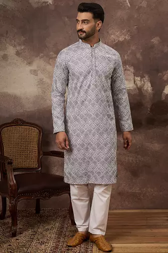 Men lavender viscose rayon solid embroidered straight kurta
