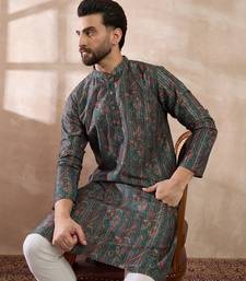 Men green silk blend printed mandarin collar straight kurta