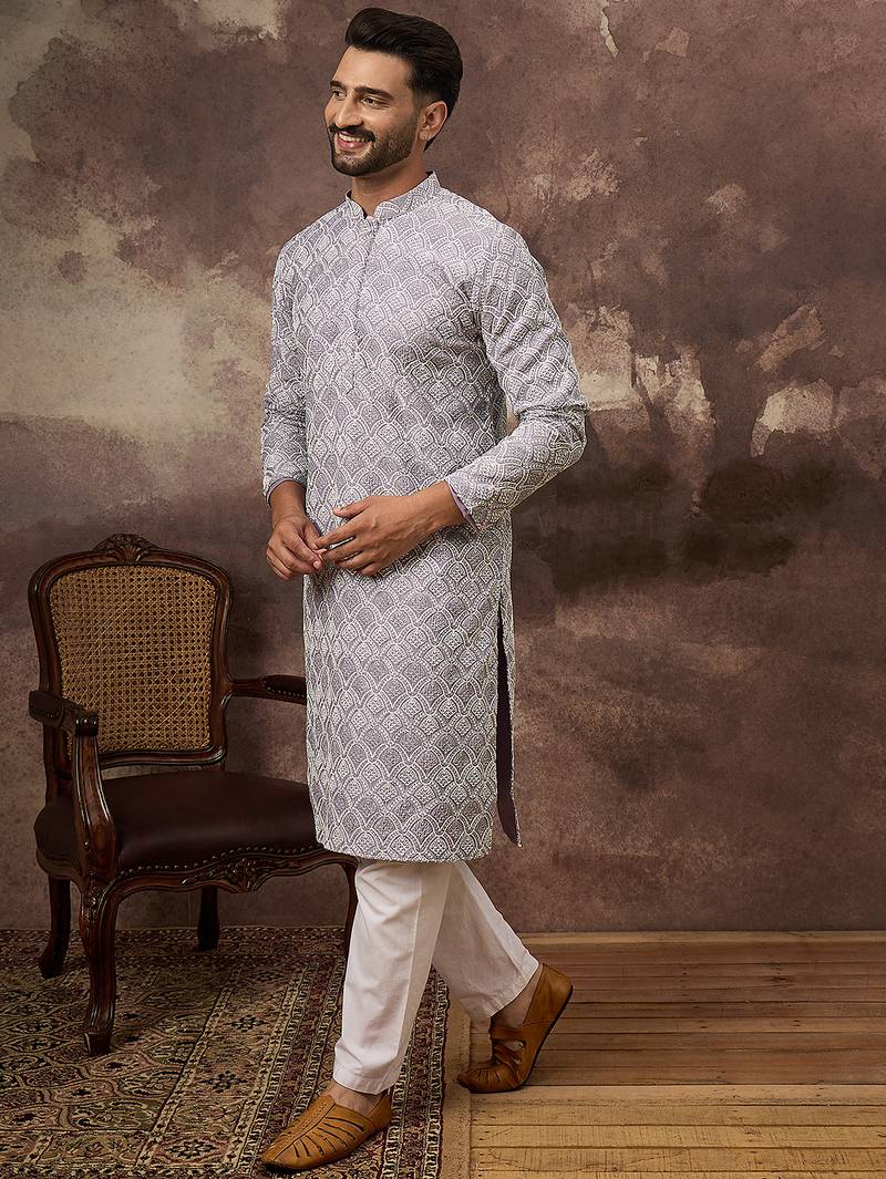 Men lavender viscose rayon solid embroidered straight kurta