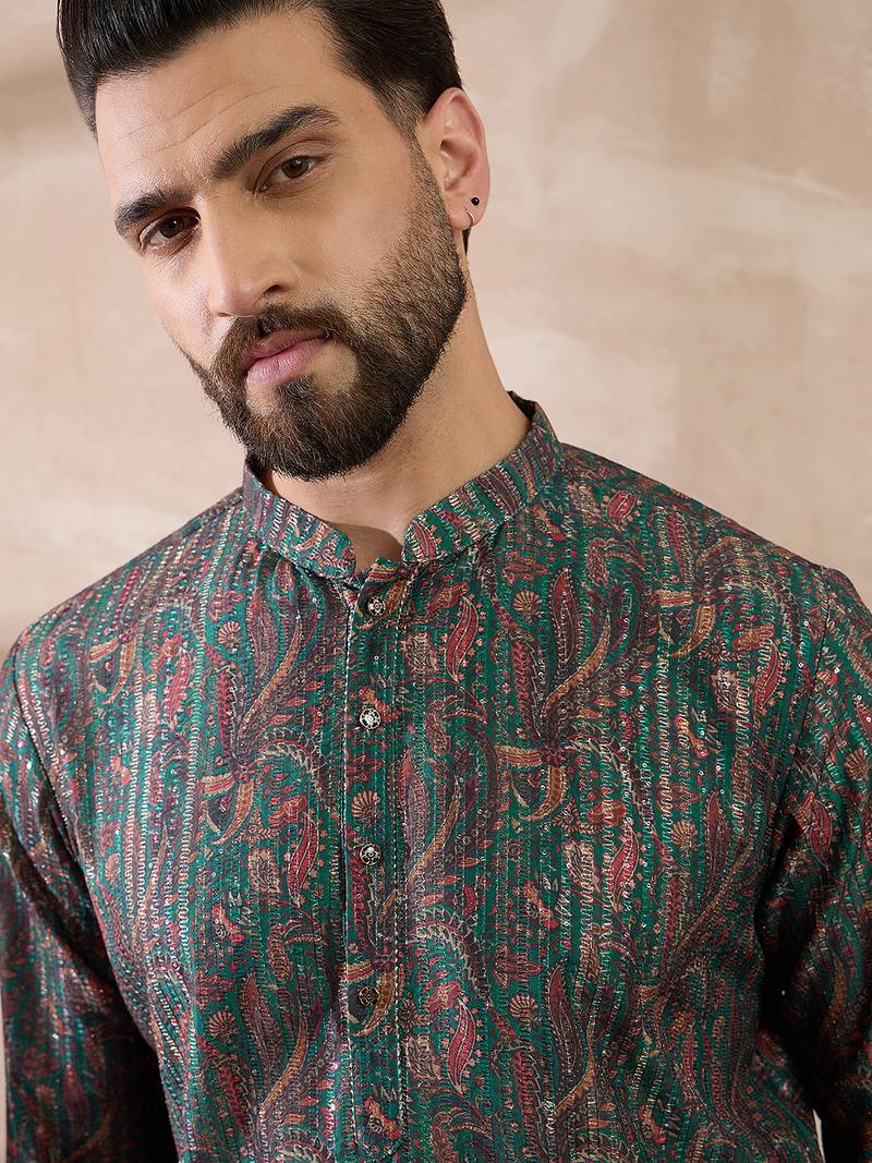 Men green silk blend printed mandarin collar straight kurta
