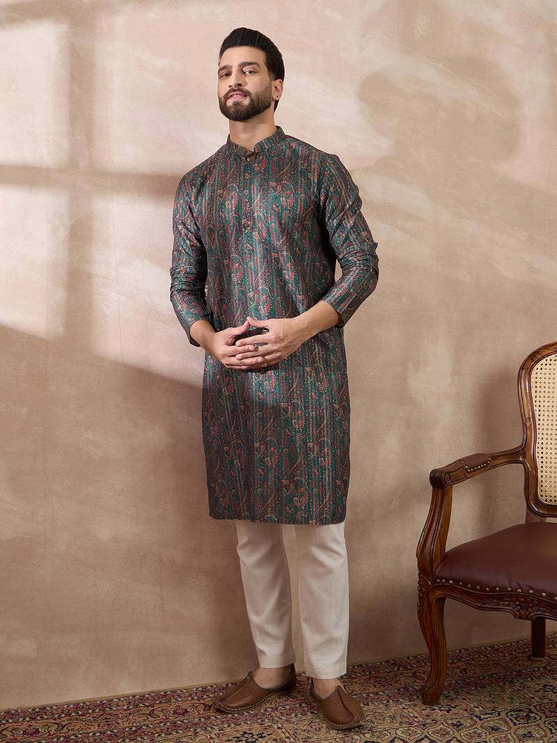 Men green silk blend printed mandarin collar straight kurta