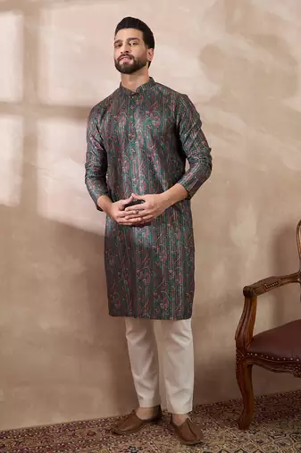 Men green silk blend printed mandarin collar straight kurta