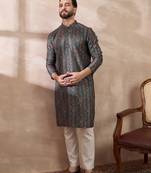 Men green silk blend printed mandarin collar straight kurta