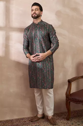 Men green silk blend printed mandarin collar straight kurta