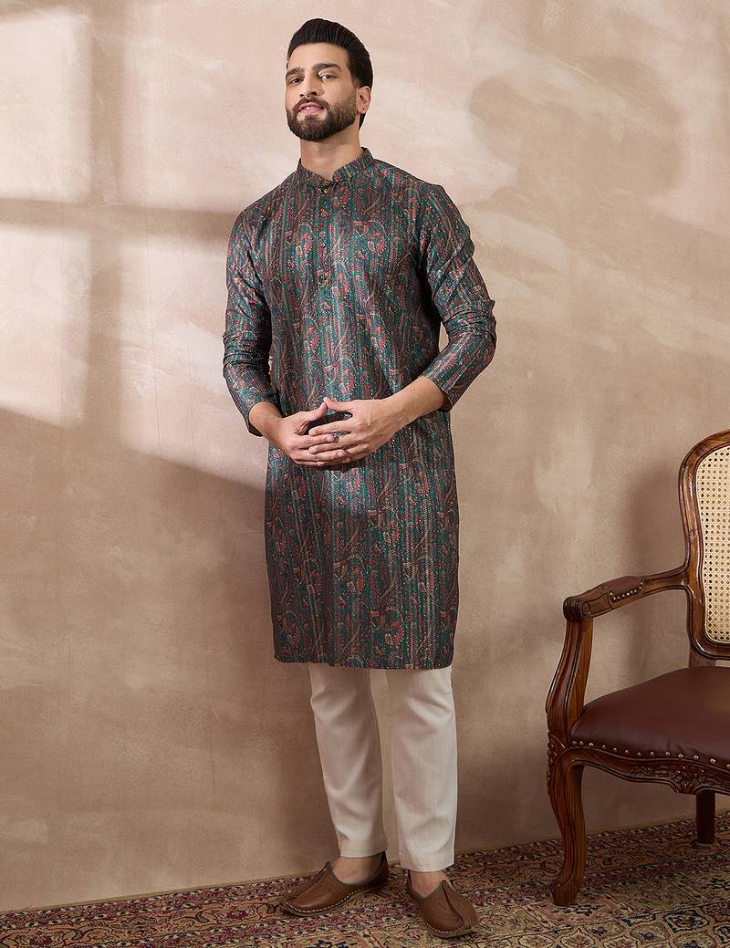 Men green silk blend printed mandarin collar straight kurta