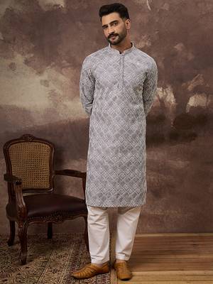 Men lavender viscose rayon solid embroidered straight kurta 5