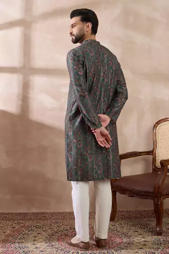 Men green silk blend printed mandarin collar straight kurta